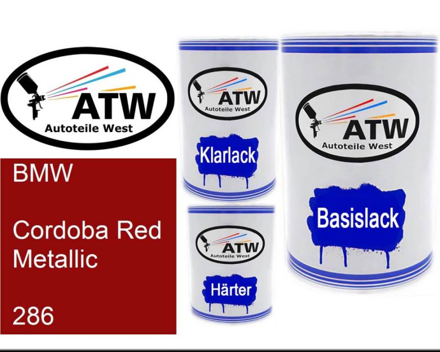 BMW, Cordoba Red Metallic, 286: 500ml Lackdose + 500ml Klarlack + 250ml Härter - Set, von ATW Autoteile West.